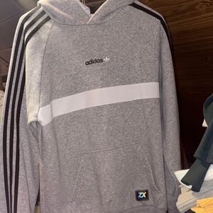 adidas Gray Hoodie with White Chest Stripe and Black Sleeve Stripes
